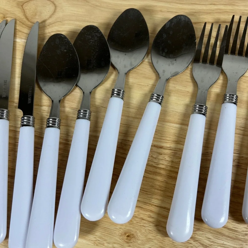 12pc Stainless Steel Flatware Set White Plastic Handles Service for 4 MCM Style
